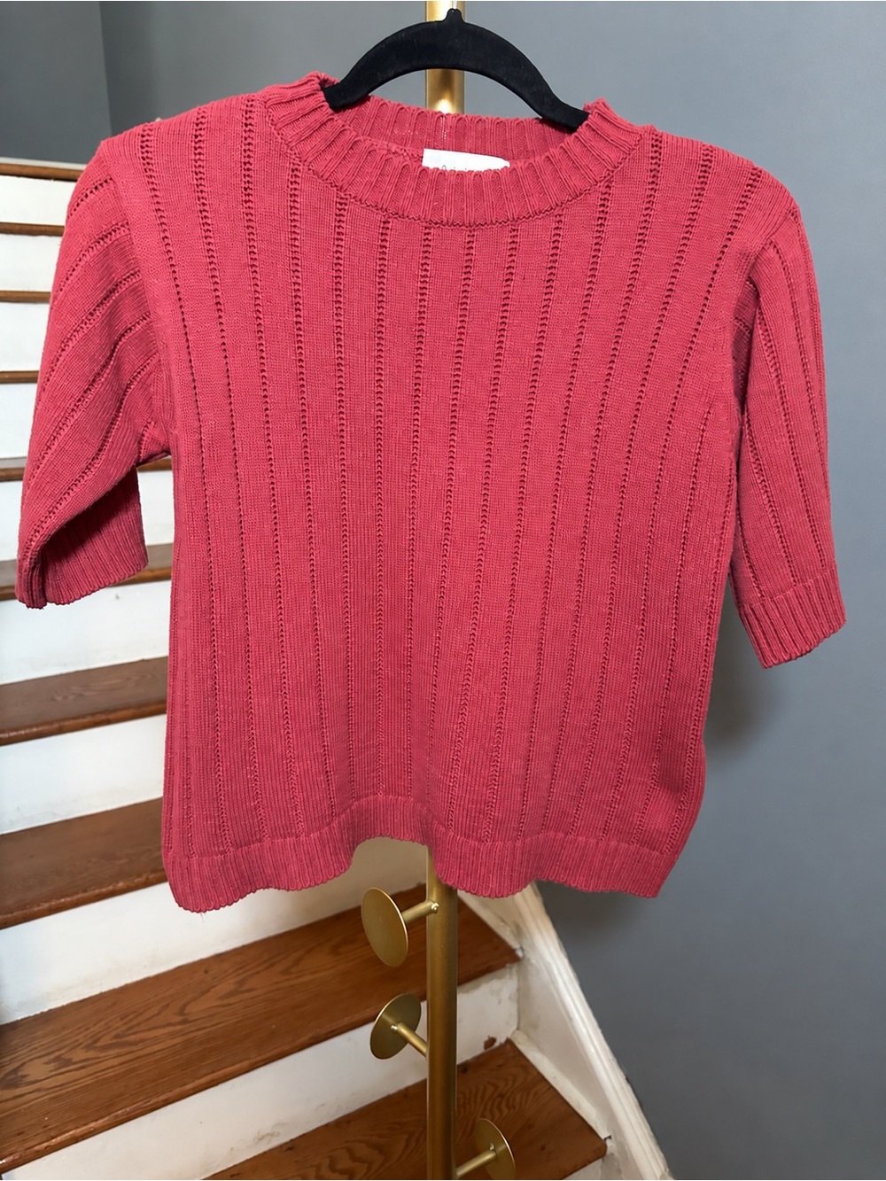Olive Clothing Terracotta Red Wool Blend Pointelle Knit Short Sleeve Sweater